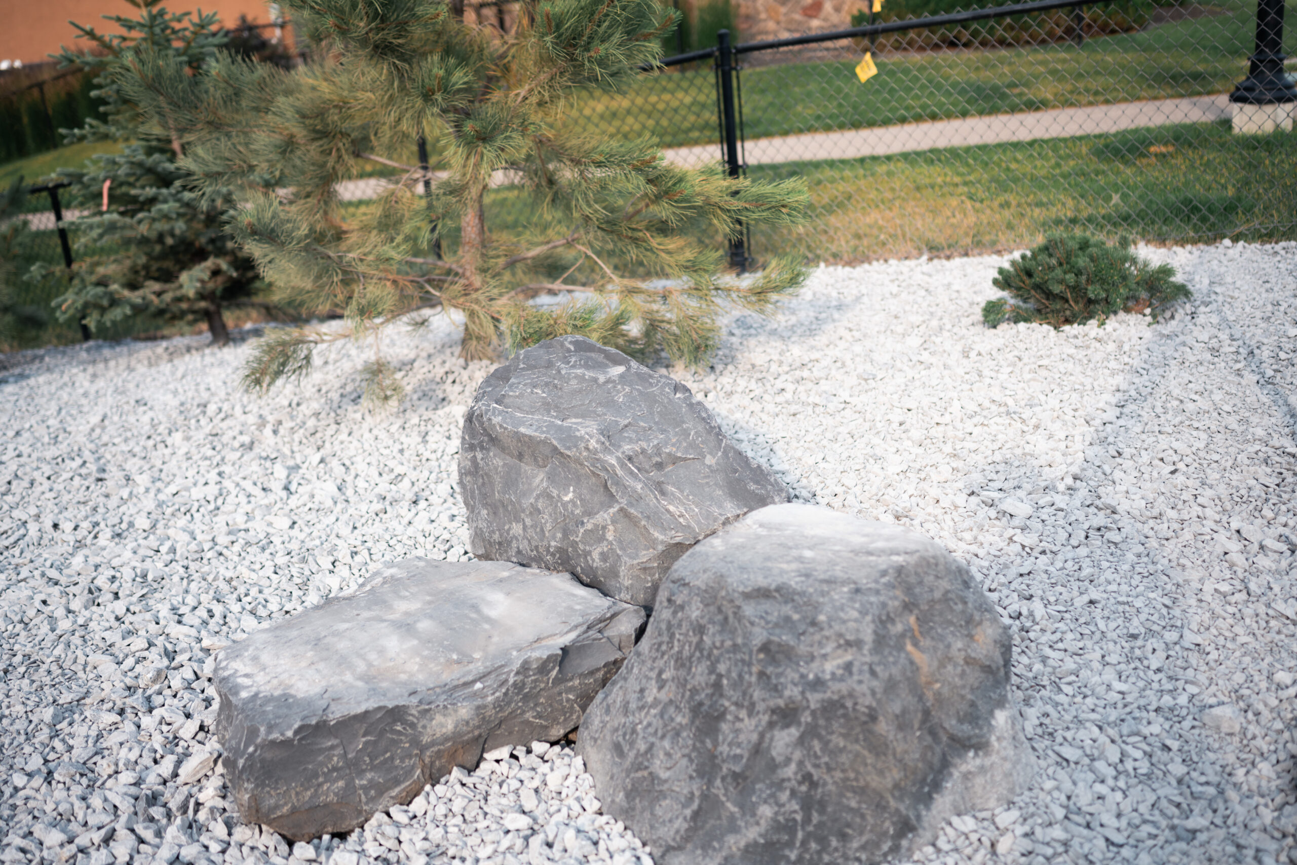 Landscaped area featuring gray decorative rocks, white gravel, and evergreen plants, highlighting design elements of the Artesia at Heritage Pointe project by Kayben Landscaping.
