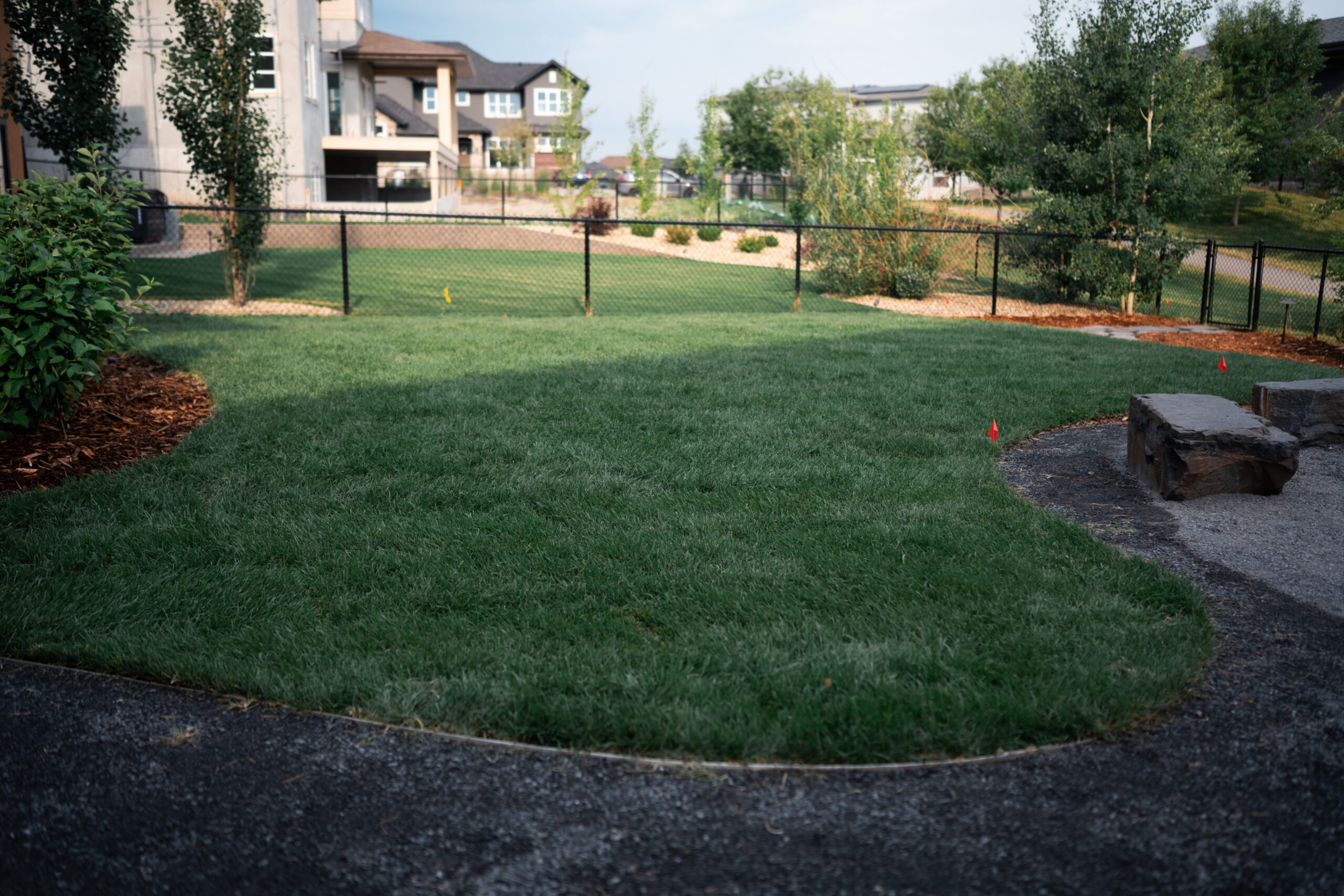 Landscaped yard at Artesia at Heritage Pointe featuring lush sod, stone seating area, and decorative shrubs, showcasing high-end residential landscaping design.