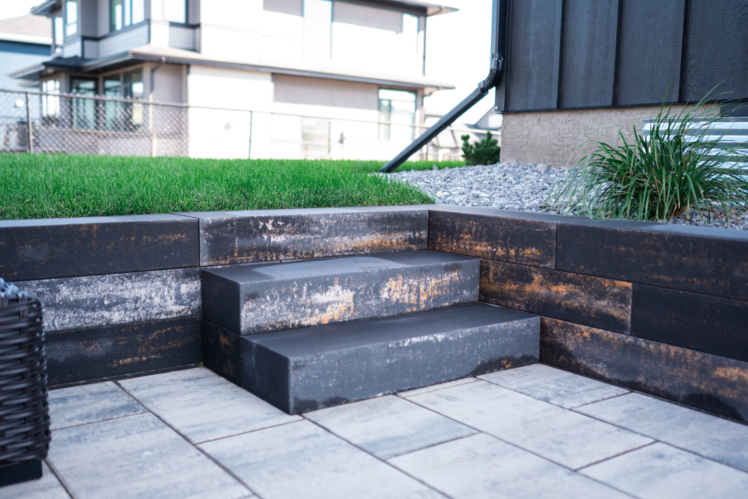 Custom stone steps in an Artesia acreage estate yard in Calgary