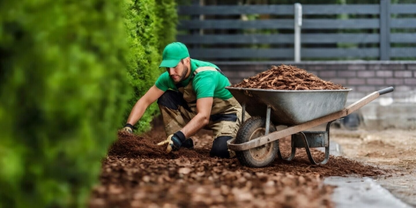 Landscape crew working in a maintained garden bed