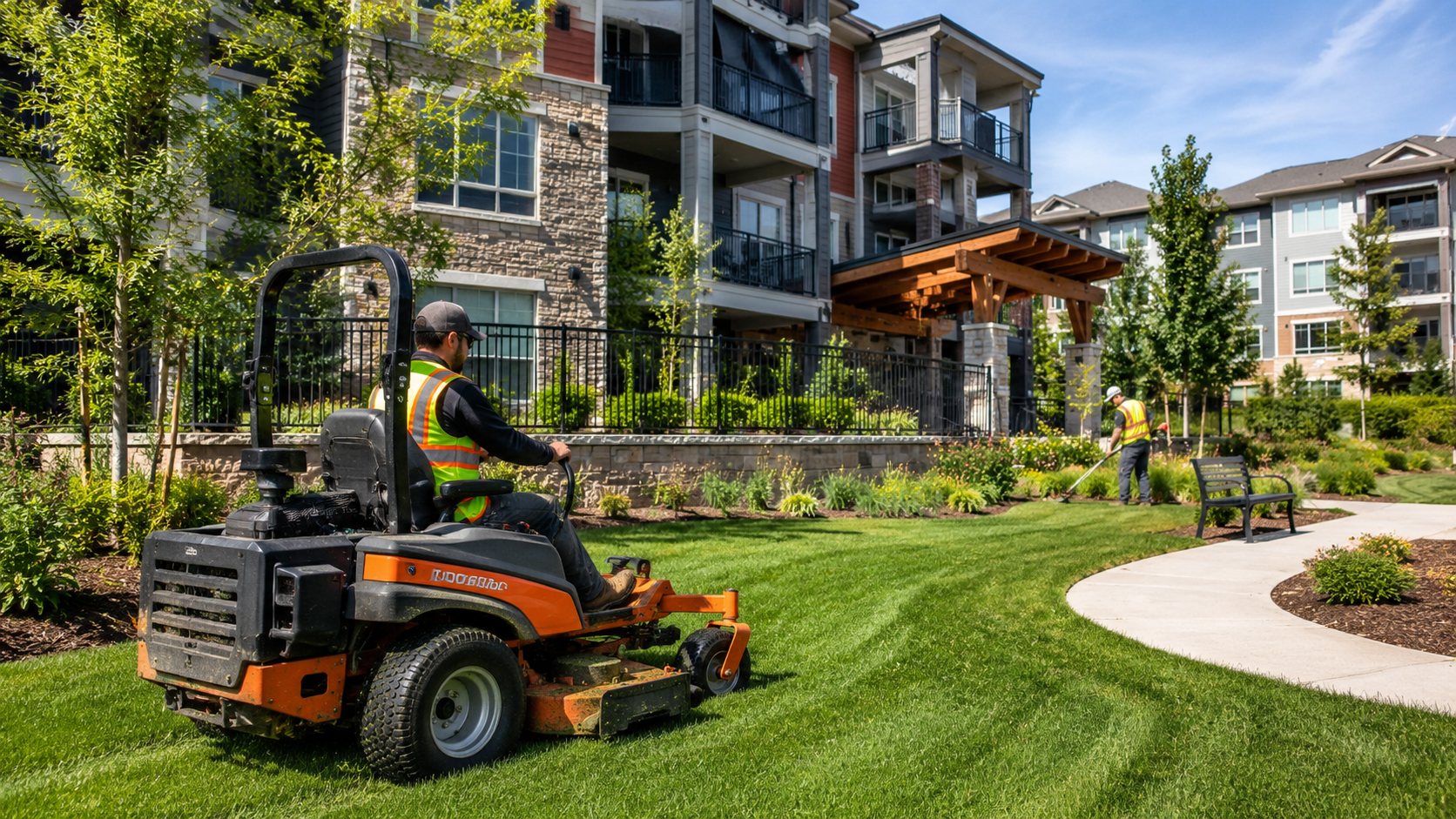 Commercial maintenance crew caring for an Okotoks or Calgary property